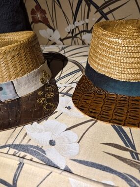 Straw Fedora with Croc-Textured Brim and Teal Band